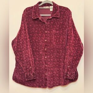 Faded Glory Women’s Wine Print Velvet Floral Snap Front Shirt Plus Sz 22W-24W